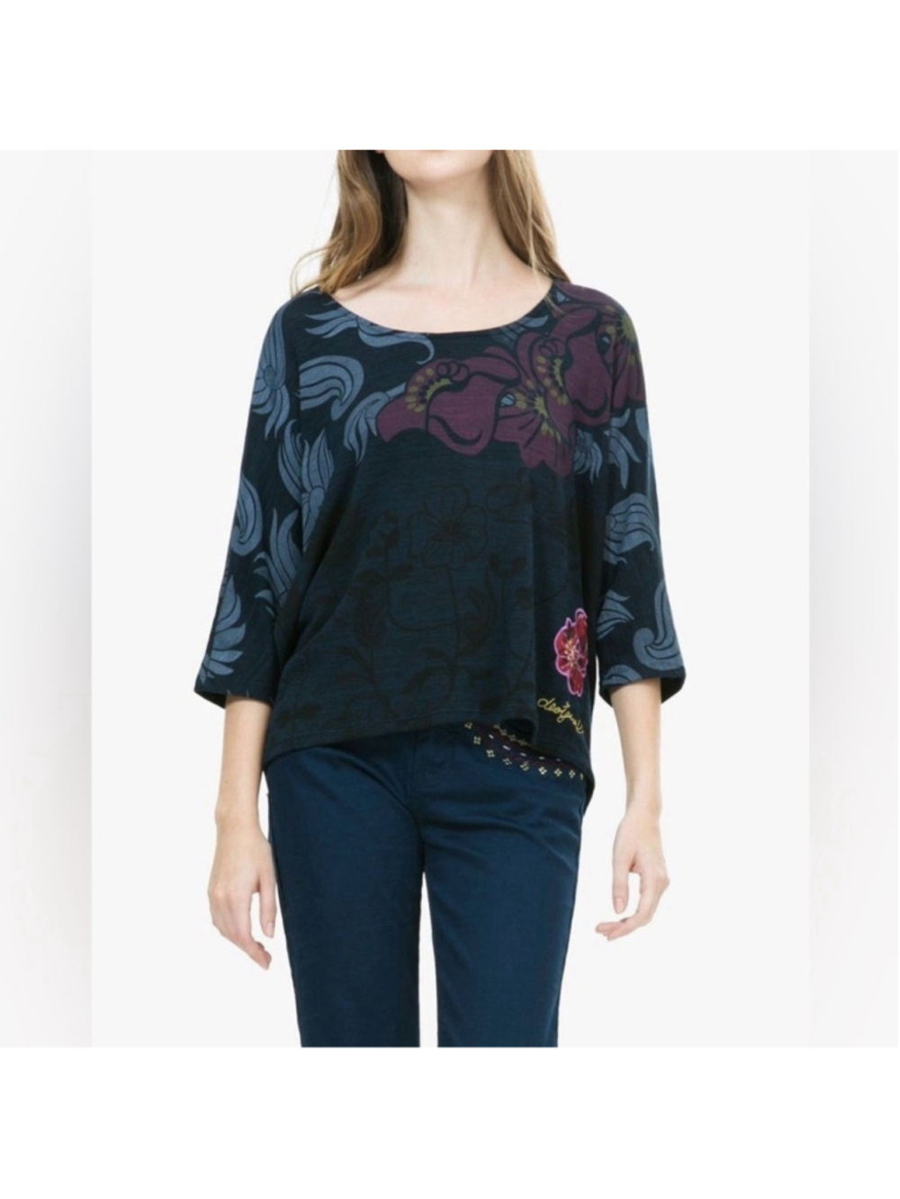 Desigual knit top floral unique art to wear teacher different 3/4 sleeve sz M